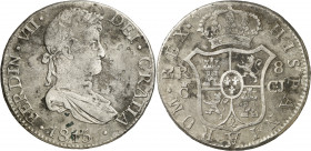 1815. Fernando VII. Cádiz. CJ. 8 reales. (AC. 1155). Oxidaciones. Muy rara, no hemos tenido ningún ejemplar. 26,32 g. (BC+).