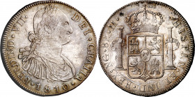 1810. Fernando VII. Guatemala. M. 8 reales. (AC. 1222). Busto de Carlos IV. Ligeras oxidaciones en reverso. Muy buen ejemplar. Muy escasa. 26,77 g. MB...
