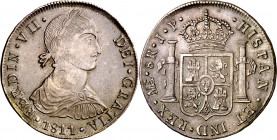 1811. Fernando VII. Lima. JP. 8 reales. (AC. 1242). Busto indígena. Pátina. 26,65 g. MBC+.