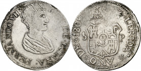 1809. Fernando VII. Lleida. 5 pesetas. (AC. 1258). Acuñación floja en pequeñas zonas, pero buen ejemplar para esta ceca. Muy rara. 26,63 g. MBC+.