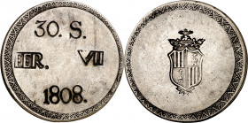 1808. Fernando VII. Mallorca. 30 sous. (AC. 1289). Golpecitos. Muy escasa. 26,34 g. MBC+.