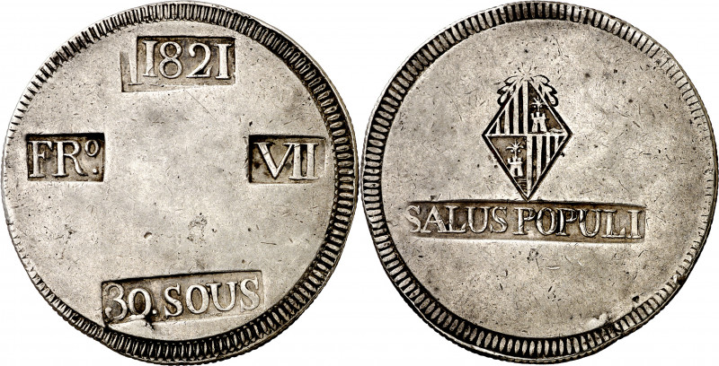 1821. Fernando VII. Mallorca. 30 sous. (AC. 1293). Fecha 11821 por doble acuñaci...
