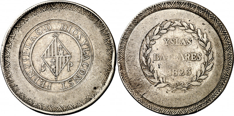 1823. Fernando VII. Mallorca. 5 pesetas. (AC. 1300). ...Y LA CONST. Golpecitos. ...