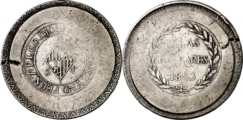 1823. Fernando VII. Mallorca. 5 pesetas. (AC. 1302). ...REY D ESPAN E YND. Griet...