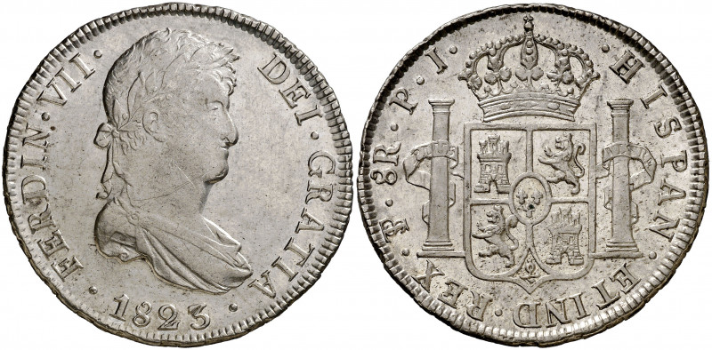 1823. Fernando VII. Potosí. PJ. 8 reales. (AC. 1388). Bella. Parte de brillo ori...