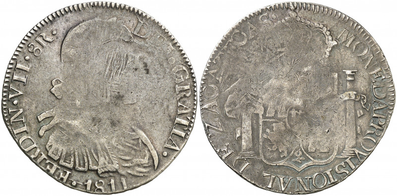 1811. Fernando VII. Zacatecas. 8 reales. (AC. 1448). Moneda Provisional. Busto i...