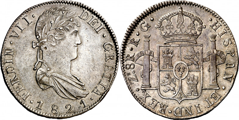 1821. Fernando VII. Zacatecas. RG. 8 reales. (AC. 1465). Parte de brillo origina...