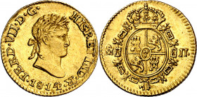 1814. Fernando VII. México. JJ. 1/2 escudo. (AC. 1487). Mínimas rayitas. Bella. Parte de brillo original. Rara. 1,69 g. EBC-.