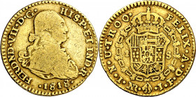 1818. Fernando VII. Santa Fe de Nuevo Reino. JF. 1 escudo. (AC. 1556) (Restrepo 122-23). Acuñación empastada. Escasa. Sólo hemos tenido otros seis eje...