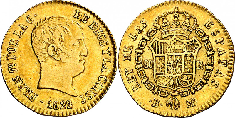 1822. Fernando VII. Barcelona. SP. 80 reales. (AC. 1573). Tipo "cabezón". Muy es...