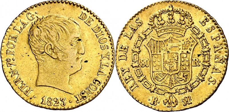 1823. Fernando VII. Barcelona. SP. 80 reales. (AC. 1574). Tipo "cabezón". Impure...
