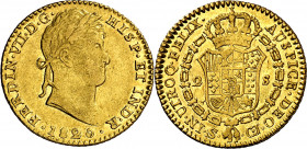 1820. Fernando VII. Sevilla. CJ. 2 escudos. (AC. 1676). Parte de brillo original. Escasa así. 6,72 g. EBC-.