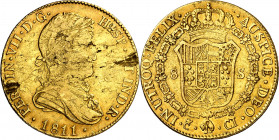 1811. Fernando VII. Cádiz. CI. 8 escudos. (AC. 1741) (Cal.Onza 1193). Sin punto delante delante de HISP ni entre los ensayadores. Hojas. Rara. 26,93 g...