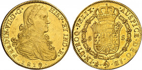 1810. Fernando VII. México. HJ. 8 escudos. (AC. 1783) (Cal.Onza 1254). Busto imaginario. Leves rayitas y pequeño grafitti. Bella. 27 g. EBC-.
