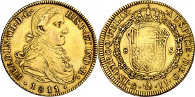 1811. Fernando VII. México. JJ. 8 escudos. (Cal.Onza 1525). Busto imaginario. Falsa de época en oro. Acuñación floja. 26,81 g. MBC/MBC+.
