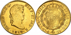 1814. Fernando VII. México. JJ. 8 escudos. (AC. 1788) (Cal.Onza 1261). Primer año de busto laureado. Acuñación floja. Golpecitos. Bonito color. 26,95 ...