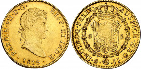 1816. Fernando VII. México. JJ. 8 escudos. (AC. 1794) (Cal.Onza 1266). Acuñación algo floja. Golpecito. Parte de brillo original. 27,01 g. MBC+.