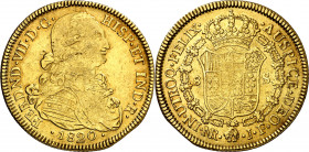 1820. Fernando VII. Santa Fe de Nuevo Reino. JF. 8 escudos. (AC. 1859) (Cal.Onza 1340) (Retrepo 127-34). Golpecito. Buen color. 26,97 g. MBC-/MBC.