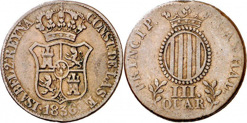 1836. Isabel II. Barcelona. 3 cuartos. (AC. 1). CATHAL/III QUAR. Rara. 6,89 g. M...