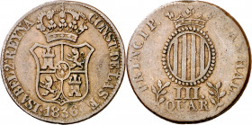 1836. Isabel II. Barcelona. 3 cuartos. (AC. 1). CATHAL/III QUAR. Rara. 6,89 g. MBC-/BC+.