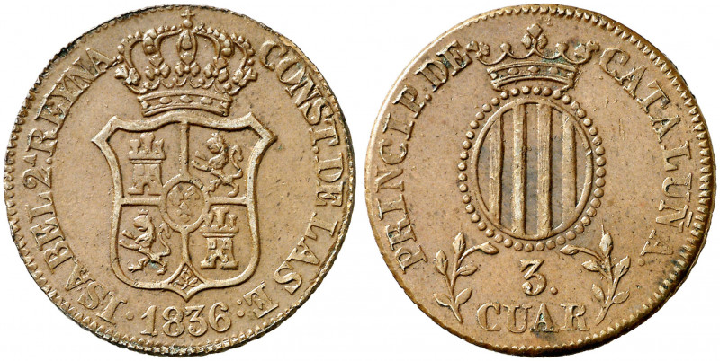 1836. Isabel II. Barcelona. 3 cuartos. (AC. 4). CATALUÑA/3 CUAR. Buen ejemplar. ...