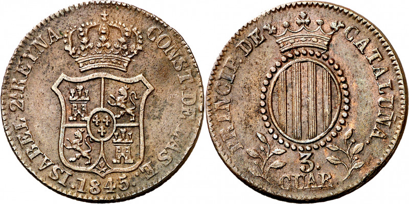 1845. Isabel II. Barcelona. 3 cuartos. (AC. 12). Buen ejemplar. 7,35 g. MBC+.