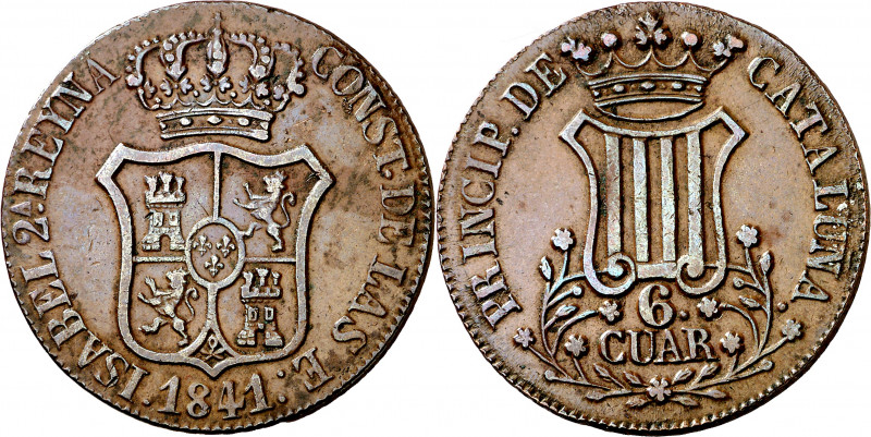 1841. Isabel II. Barcelona. 6 cuartos. (AC. 22). Buen ejemplar. 13,44 g. MBC/MBC...