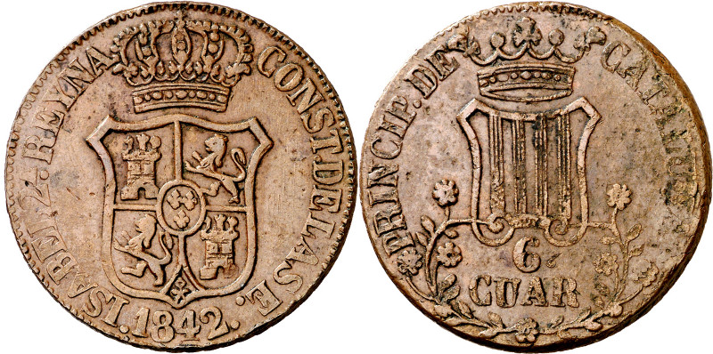 1842. Isabel II. Barcelona. 6 cuartos. (AC. 24). Flores de 7 pétalos. Golpecitos...