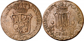 1842. Isabel II. Barcelona. 6 cuartos. (AC. 24). Flores de 7 pétalos. Golpecitos. Acuñación floja en pequeñas zonas. Fecha muy rara. 15,96 g. MBC.