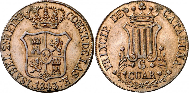 1843. Isabel II. Barcelona. 6 cuartos. (AC. 25). Atractiva. Muy escasa así. 13,8...