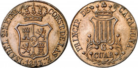 1843. Isabel II. Barcelona. 6 cuartos. (AC. 25). Atractiva. Muy escasa así. 13,81 g. EBC-.