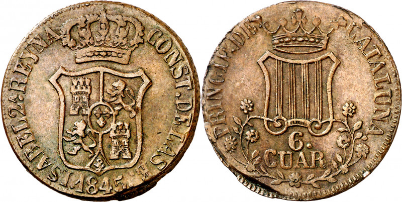 1845. Isabel II. Barcelona. 6 cuartos. (AC. 29). Flores de 7 pétalos. Defecto de...