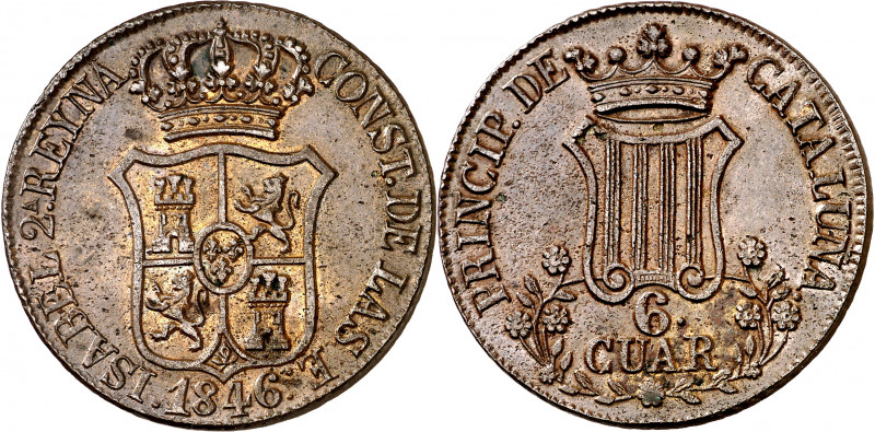 1846. Isabel II. Barcelona. 6 cuartos. (AC. 31). Barras del escudo listadas. Imp...