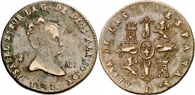 1841. Isabel II. Jubia. 2 maravedís. (AC. 40). Marca de ceca: J. Incrustaciones. Rayita. Rara, sólo hemos tenido tres ejemplares. 2,82 g. MBC-/MBC+.