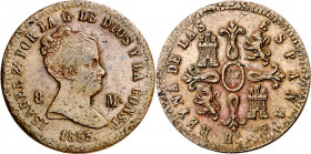 1853. Isabel II. Barcelona. 8 maravedís. (AC. 96). Acuñada sobre un 6 cuartos. Buen ejemplar para el tipo. Rara. 10,24 g. (MBC+).