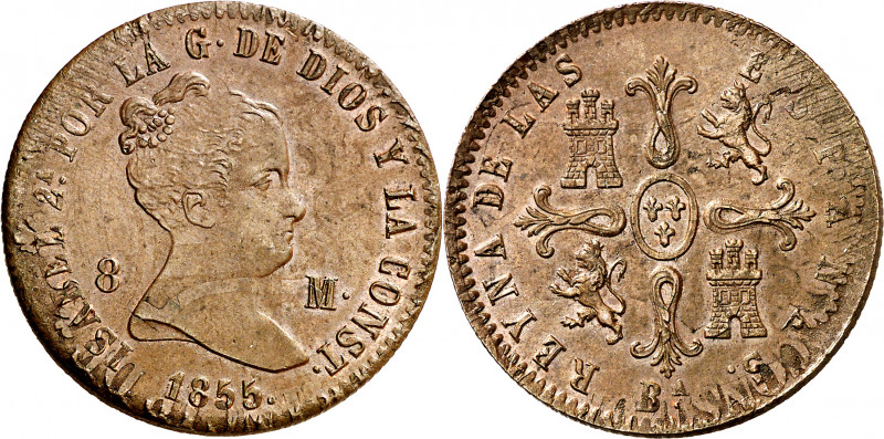 1855. Isabel II. Barcelona. 8 maravedís. (AC. 98). Acuñada sobre 6 cuartos. Golp...