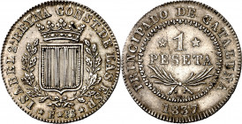 1837. Isabel II. Barcelona. PS. 1 peseta. (AC. 272). Bella. Escasa y más así. 5,75 g. EBC.