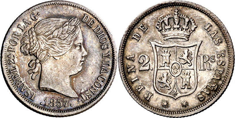 1857. Isabel II. Madrid. 2 reales. (AC. 372). Leves rayitas. Bonita pátina. Esca...