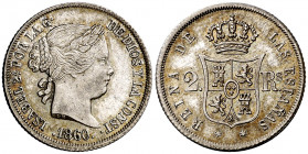 1860. Isabel II. Madrid. 2 reales. (AC. 375). Bella pátina. Escasa así. 2,57 g. EBC+.