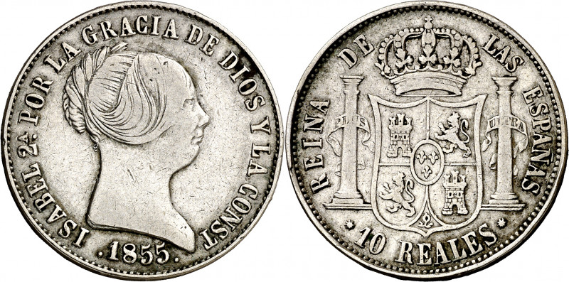 1855. Isabel II. Barcelona. 10 reales. (AC. 510). Escasa. 12,72 g. MBC-/MBC.