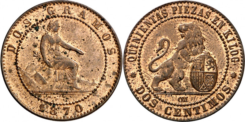 1870. Gobierno Provisional. Barcelona. OM. 2 céntimos. (AC. 4) (AC. pdf 5). Leve...