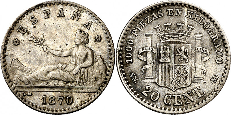 1870*70. Gobierno Provisional. SNM. 20 céntimos. (AC. 12). Buen ejemplar. Escasa...
