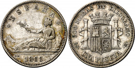 1869*1869. Gobierno Provisional. SNM. 1 peseta. (AC. 17). ESPAÑA. Buen ejemplar. Rara. 4,95 g. MBC.