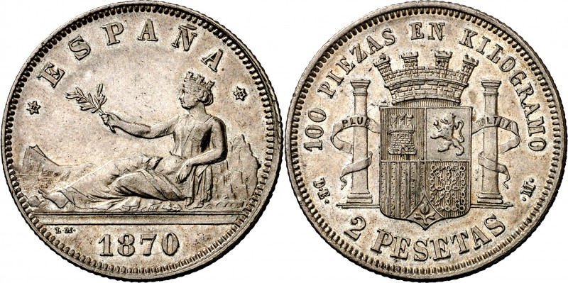 1870*1873. I República. DEM. 2 pesetas. (AC. 28). Atractiva. Parte de brillo ori...