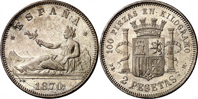 1870*1875. Gobierno Provisional. DEM. 2 pesetas. (AC. 33). Atractiva. Parte de b...