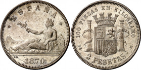 1870*1875. Gobierno Provisional. DEM. 2 pesetas. (AC. 33). Atractiva. Parte de brillo original. 9,95 g. EBC-.
