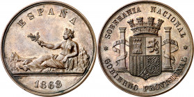 1868. Gobierno Provisional. (AC. 35) (V. 824) (V.Q. 14374). Medalla que sirvió de prueba para el duro de 1869. Bronce. 25,01 g. Ø37 mm. S/C-.