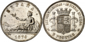 1870*1870. Gobierno Provisional. SNM. 5 pesetas. (AC. 39). Golpecitos. Escasa así. 24,83 g. EBC-.