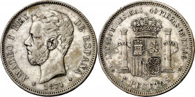 1871*1873. Amadeo I. DEM. 5 pesetas. (AC. 3). Escasa. 24,80 g. MBC-.