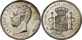 1871*1874. Amadeo I. DEM. 5 pesetas. (AC. 4). Leves rayitas. Buen ejemplar. 24,90 g. MBC+.